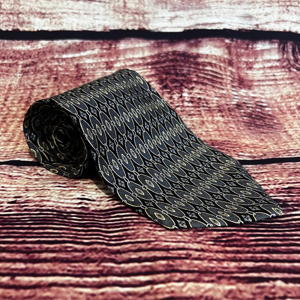 Geoffrey Beene 100% Silk Poly Skinny Tie 56x4 Geometric Retro Black Gray Gold